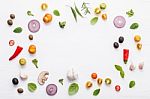 Various Fresh Vegetables And Herbs On White Background.ingredien Stock Photo