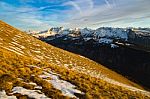 View Of The French Alps With Colorful Sky Stock Photo