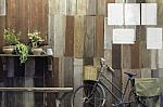 Vintage Bicycle And Small Tree On Old Wood Wall Background Stock Photo