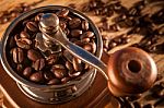 Vintage Manual Coffee Grinder With Coffee Beans Stock Photo