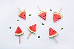 Watermelon Slice Popsicles On White Background Stock Photo