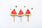 Watermelon Slice Popsicles On White Background Stock Photo