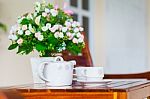 White Porcelain Set For Tea Or Coffee On Wooden Table At Home Ex Stock Photo