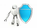 White Robot Holding Blue Shield Stock Photo