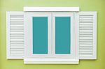 White Window Classic Vintage On The Color Light Green Wall Background Stock Photo