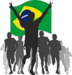 Winner With The Brazil Flag At The Finish Stock Photo