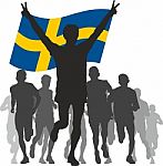 Winner With The Sweden Flag At The Finish Stock Photo