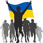 Winner With The Ukraine Flag At The Finish Stock Photo