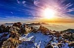 Winter Landscape With Sunset And Foggy In Deogyusan Mountains, South Korea Stock Photo