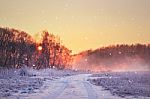 Winter Misty Sunrise. Rural Foggy And Frosty Scene Stock Photo