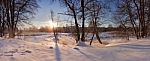 Winter River. Sunrise In Winter Morning. Snow Landscape Stock Photo