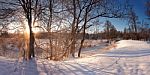 Winter Sunrise. Cold Winter Morning. Winter River Stock Photo