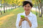 Woman And Mobile Phone In Hand Use For Modern People Lifestyle Stock Photo