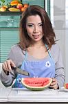 Woman And Watermelon Stock Photo