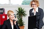 Woman Attending Call With Colleague Stock Photo