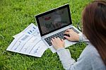 Woman Checking Reported Profits Stock Photo