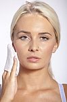 Woman Clean Face With Wet Wipes Stock Photo