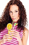 Woman Drink Orange Juice, Isolated Stock Photo