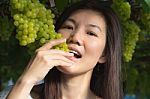 Woman Eating Green Grapes Friut Stock Photo