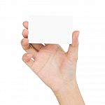 Woman Hand Holding Blank Card Showing Front View Isolated On Whi Stock Photo