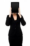 Woman Hiding Her Face With Tablet Pc Stock Photo