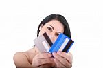 Woman Holding Credit Cards Stock Photo