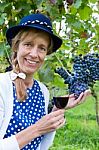 Woman Holding Glass Of Wine Near Bunch Of Blue Grapes Stock Photo