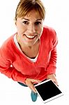 Woman Holding New Tablet Pc, Aerial View Stock Photo