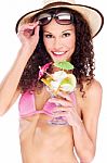 Woman In Bikini Holding Cup Of Fruits Stock Photo