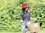 Woman In Park With Bike Stock Photo