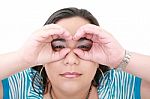 Woman Looking Imaginary Binocular Stock Photo