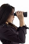 Woman Looking Through Binocular Stock Photo