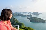 Woman On Peak Looking Beautiful Nature Stock Photo