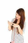 Woman Play Mobile Phone Stock Photo