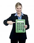 Woman Pointing Calculator Stock Photo