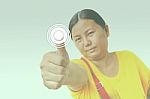 Woman Pressing The Button Stock Photo