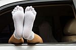 Woman Relaxing In Her Car Stock Photo