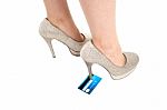 Woman Stomping A Credit Card Stock Photo