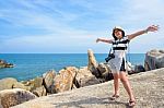 Woman Tourist On Hin Ta Hin Yai Viewpoint Stock Photo