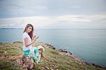 Woman Use Tablet Pc On Mountain Stock Photo