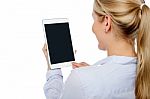 Woman Using Brand New Tablet Pc Stock Photo