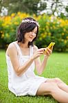 Woman Using Mobile Smart Phone Stock Photo