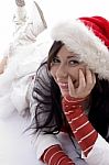 Woman Wearing Christmas Hat Stock Photo