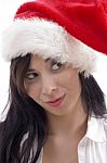 Woman Wearing Christmas Hat Stock Photo