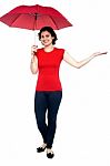 Woman With An Umbrella Reaches Out To See If Its Raining Stock Photo