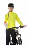 Woman With Bike Drinking Water Stock Photo