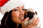 Woman With Christmas Hat And Pug Stock Photo