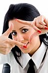 Woman With Framing Hand Gesture Stock Photo