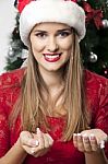 Woman With Santa Hat Stock Photo