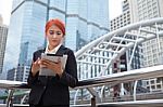 Woman With Tablet At Modern City Stock Photo